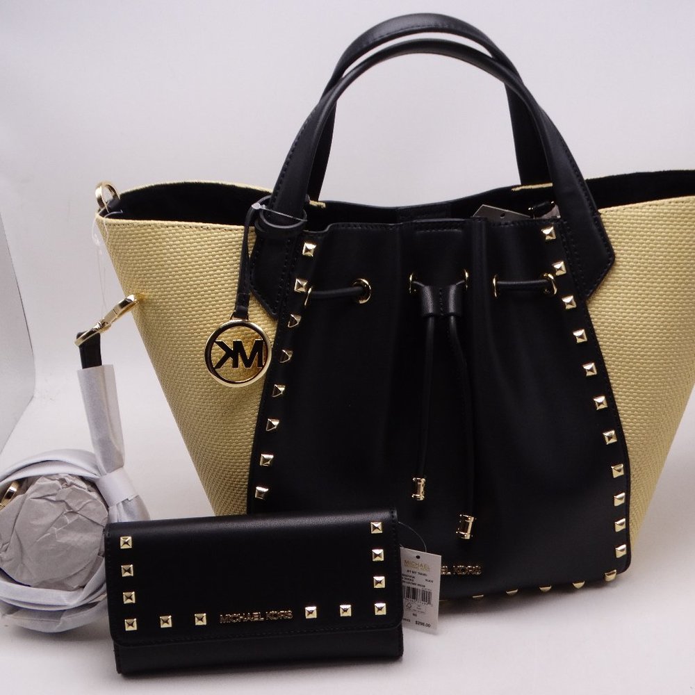 Phoebe Black  Large Faux Leather Bucket Bag & Wallet New Retail Set 856